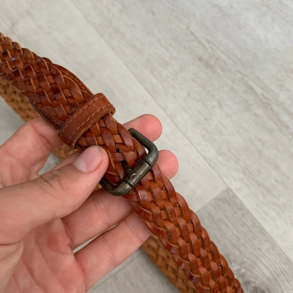 Vintage Cognac Brown Braided Leather Belt Made in Turkey Size M Boho Western